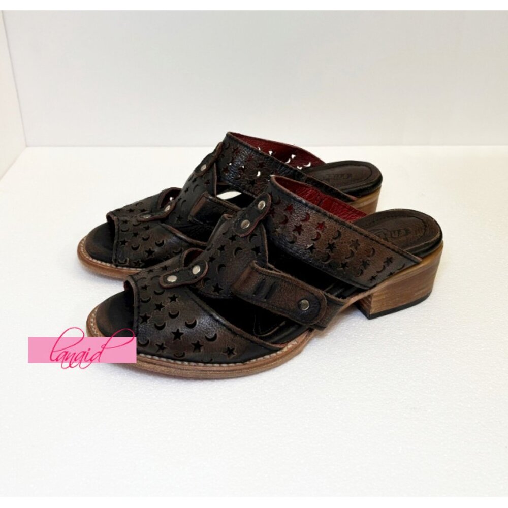 Freebird Steven Moonstar Leather Star Cut-Outs Distressed Low Heeled Slides Edgy - Picture 8 of 12